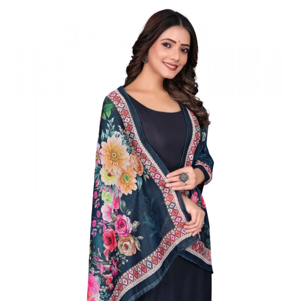 Women's chanderi silk Printed Dupatta (Navy Blue, Length: 2 Mtr)