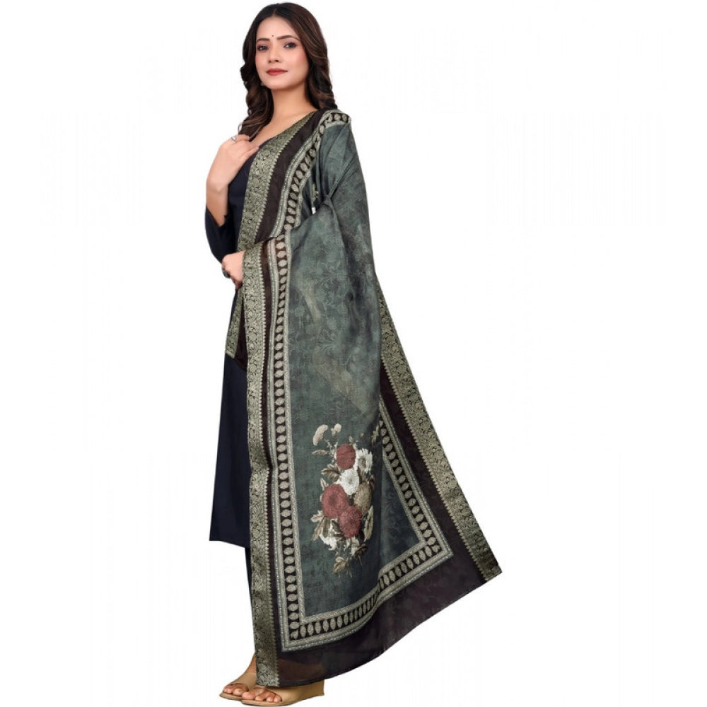 Women's chanderi silk Printed Dupatta (Black, Length: 2 Mtr)