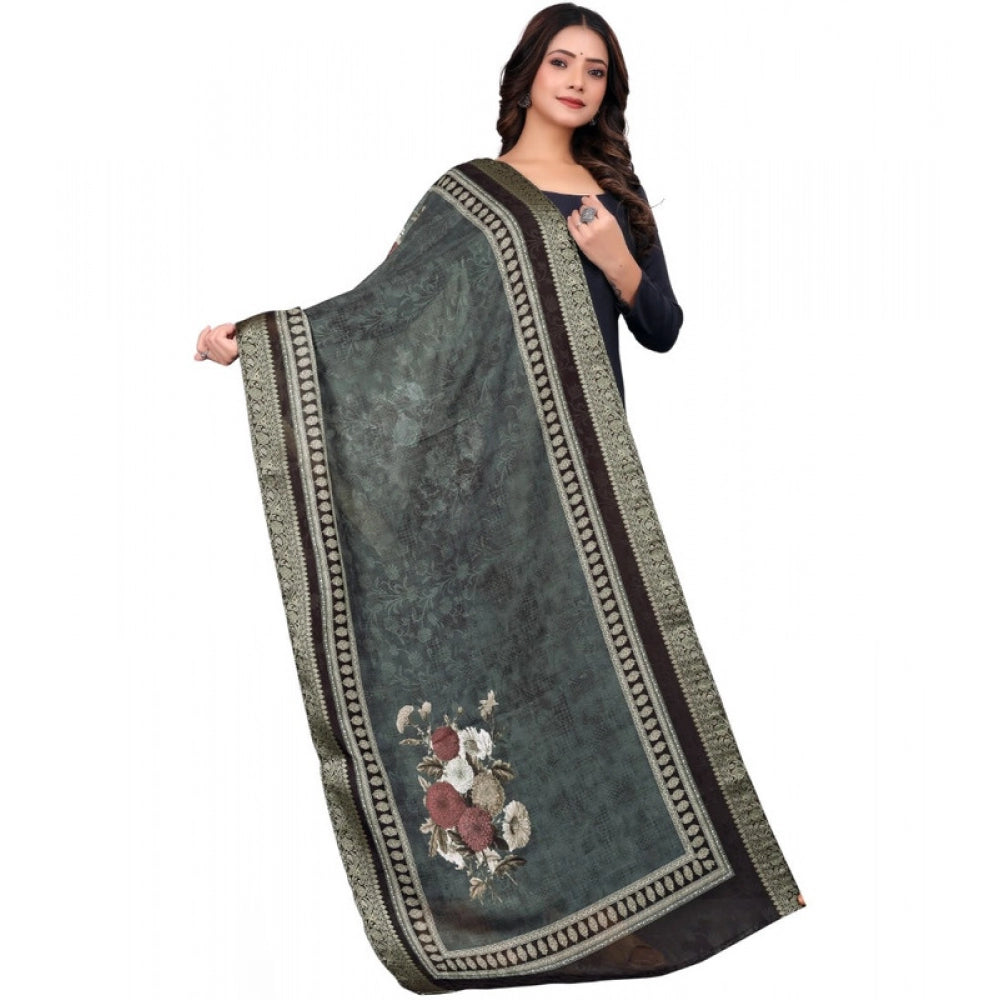 Women's chanderi silk Printed Dupatta (Black, Length: 2 Mtr)
