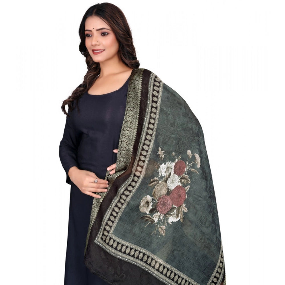 Women's chanderi silk Printed Dupatta (Black, Length: 2 Mtr)