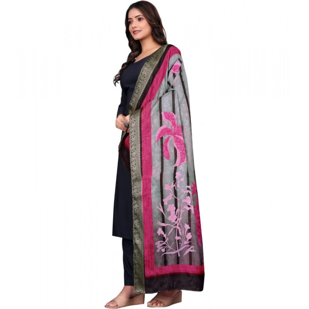 Women's chanderi silk Printed Dupatta (Black, Length: 2 Mtr)