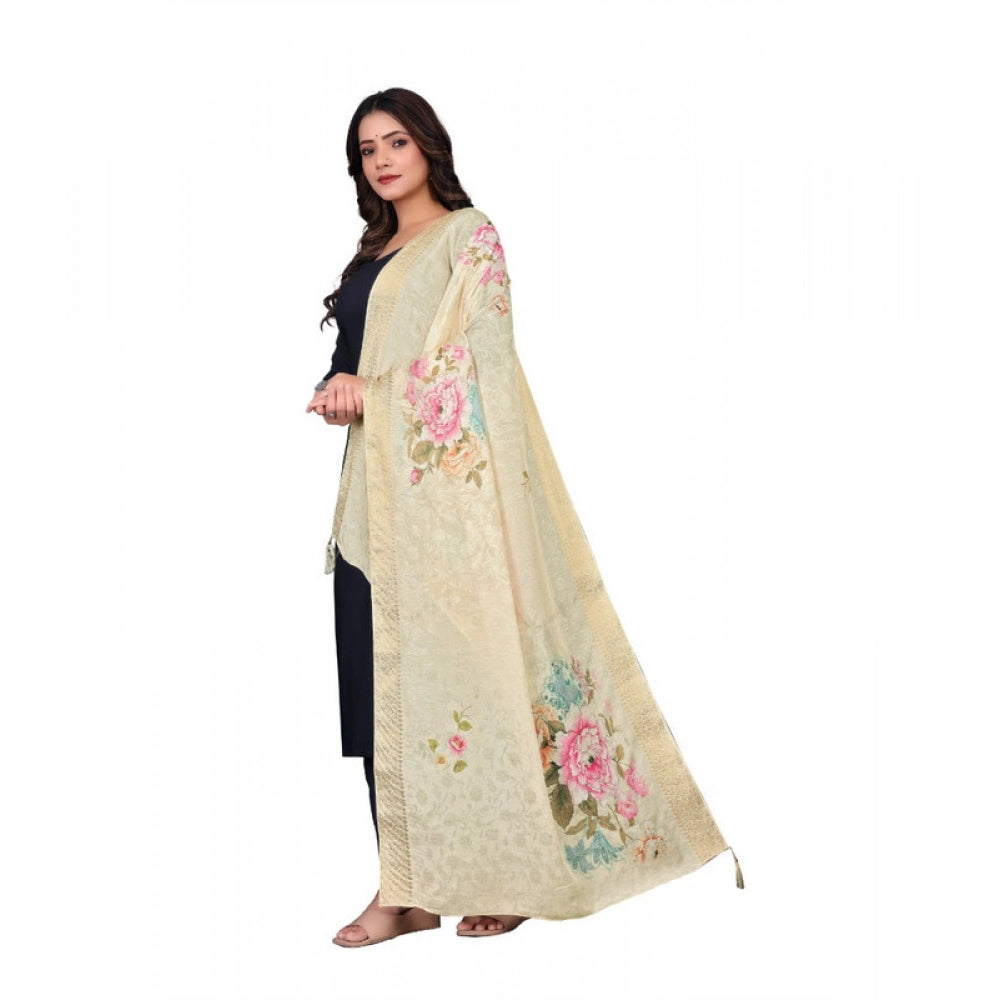 Women's chanderi silk Printed Dupatta (Beige, Length: 2 Mtr)