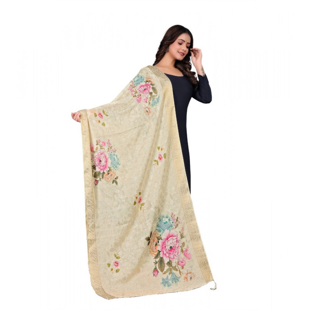 Women's chanderi silk Printed Dupatta (Beige, Length: 2 Mtr)