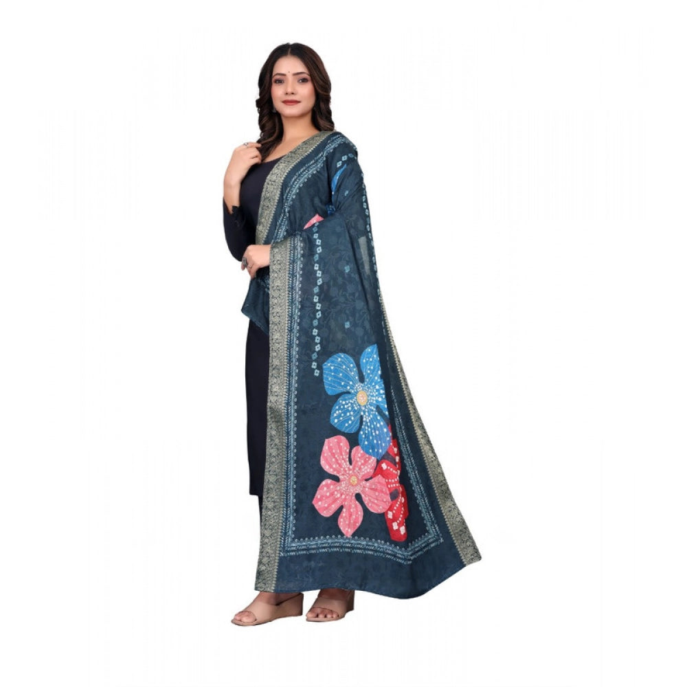 Women's chanderi silk Printed Dupatta (Navy Blue, Length: 2 Mtr)