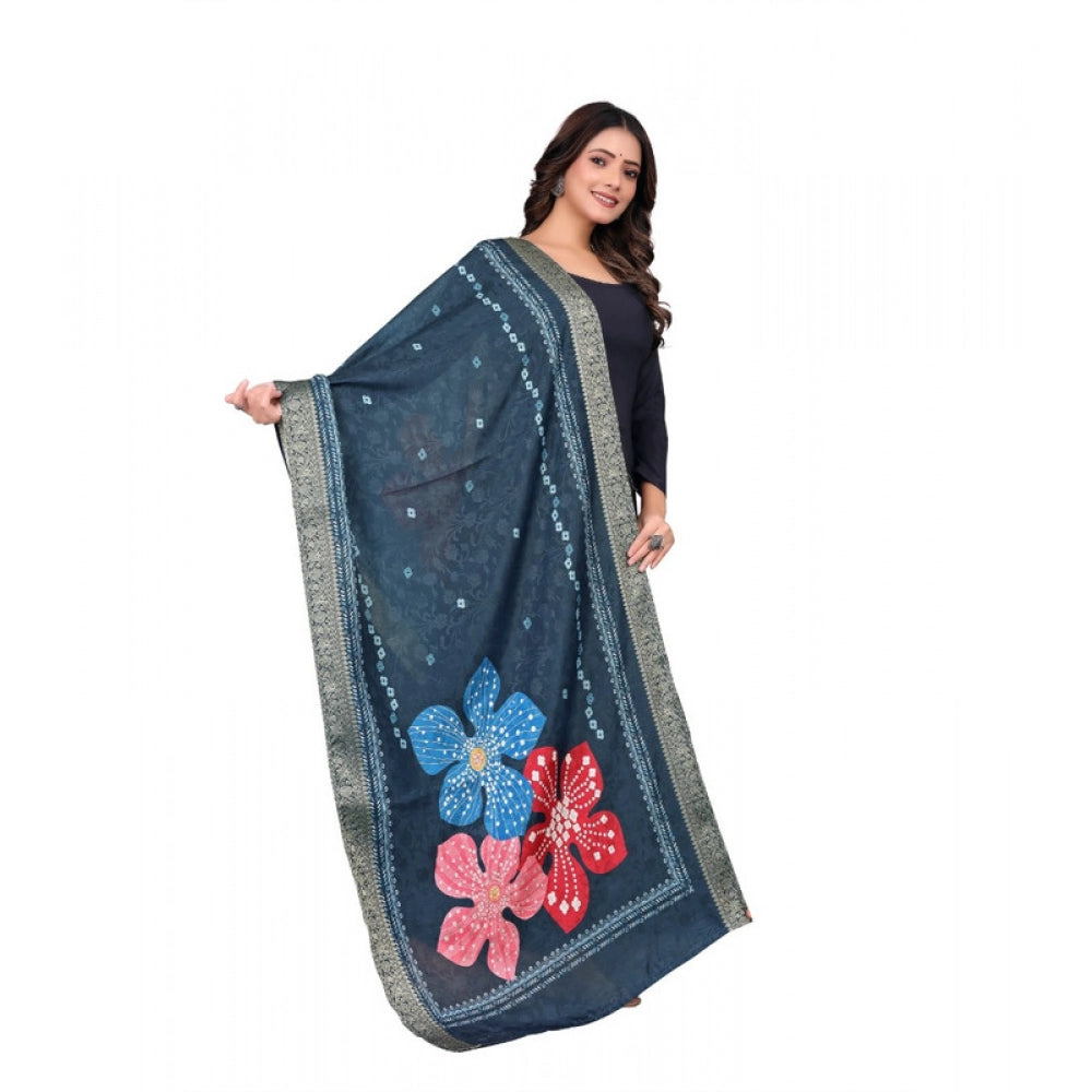Women's chanderi silk Printed Dupatta (Navy Blue, Length: 2 Mtr)