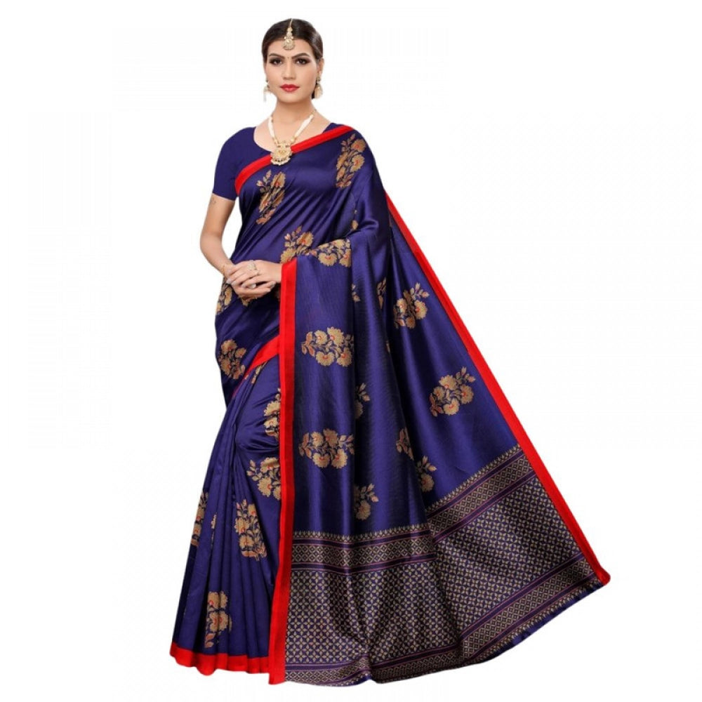 Women's Litchi silk Printed Saree With Unstitched Blouse 5-6 Mtrs (Navy Blue)