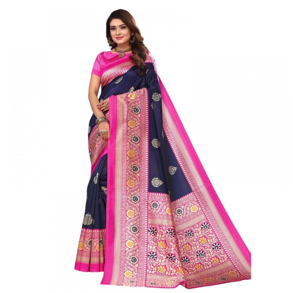 Women's Litchi silk Printed Saree With Unstitched Blouse 5-6 Mtrs (Navy Blue)