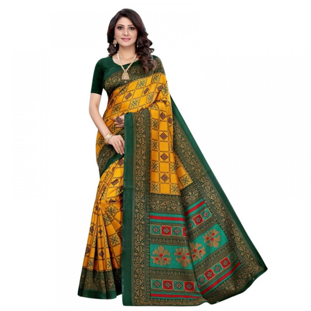 Women's Litchi silk Printed Saree With Unstitched Blouse 5-6 Mtrs (Mustard Yellow)