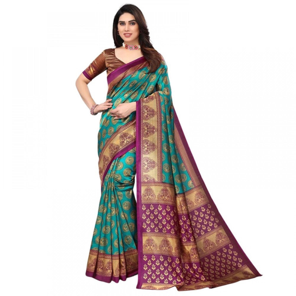 Women's Litchi silk Printed Saree With Unstitched Blouse 5-6 Mtrs (Green)