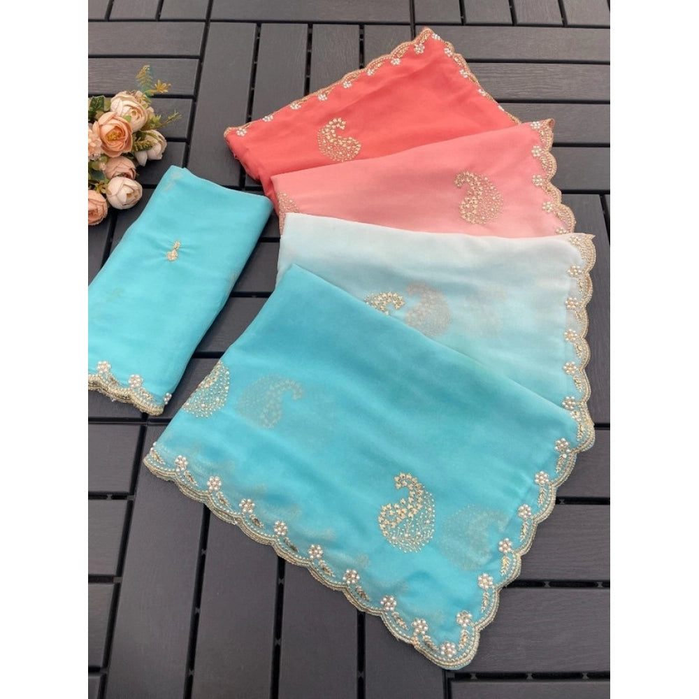 Women's Digital Printed Geogette Saree With Unstitched Blouse (Blue, 5-6 Mtrs)