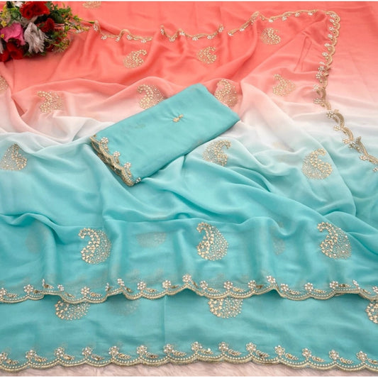 Women's Digital Printed Geogette Saree With Unstitched Blouse (Blue, 5-6 Mtrs)