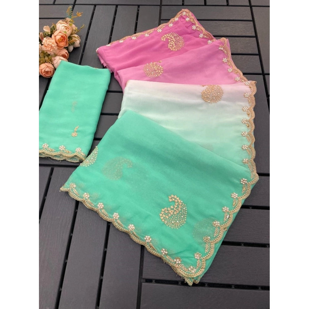 Women's Digital Printed Geogette Saree With Unstitched Blouse (Light Green, 5-6 Mtrs)