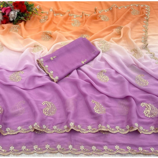 Women's Digital Geogette Saree With Unstitched Blouse (Wine, 5-6 Mtrs)