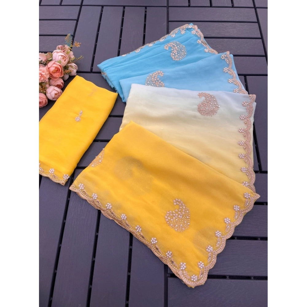 Women's Digital Geogette Saree With Unstitched Blouse (Yellow, 5-6 Mtrs)