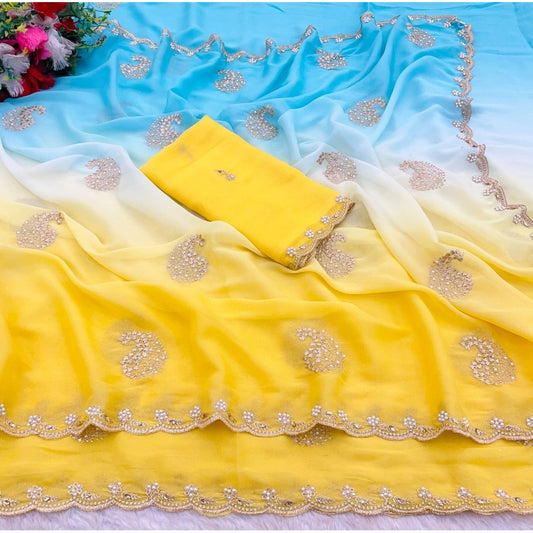 Women's Digital Geogette Saree With Unstitched Blouse (Yellow, 5-6 Mtrs)