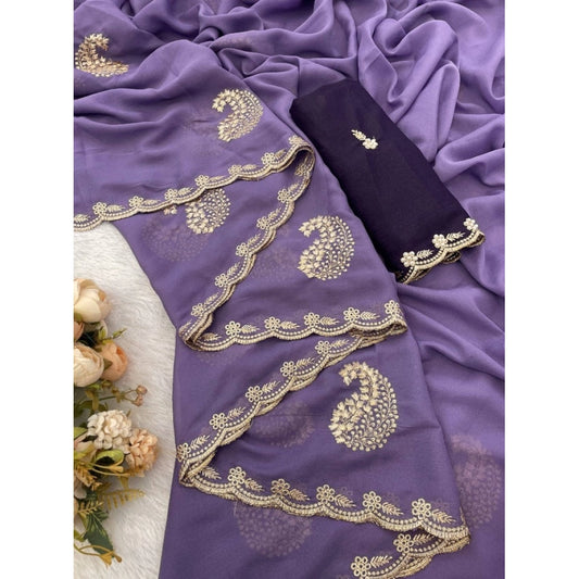 Women's Digital Georgette Saree With Unstitched Blouse (Lavendar, 5-6 Mtrs)