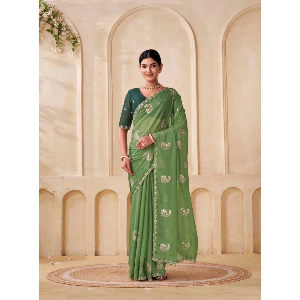 Women's Digital Georgette Saree With Unstitched Blouse (Pista, 5-6 Mtrs)