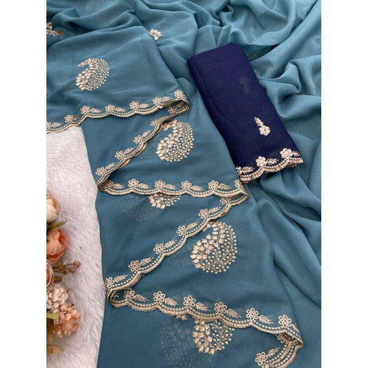 Women's Digital Georgette Saree With Unstitched Blouse (Sky, 5-6 Mtrs)