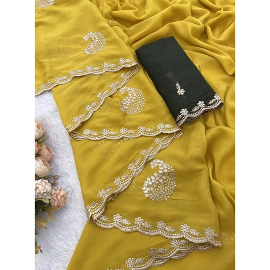 Women's Digital Georgette Saree With Unstitched Blouse (Yellow, 5-6 Mtrs)