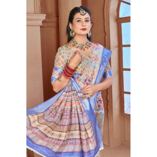 Women's Printed Cotton Linen Saree withPrinted Saree With Unstitched Blouse (Beige, 5-6Mtrs)