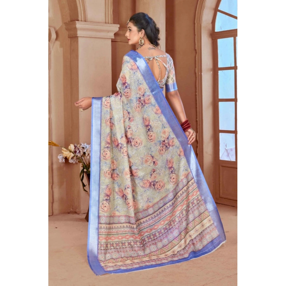 Women's Printed Cotton Linen Saree withPrinted Saree With Unstitched Blouse (Beige, 5-6Mtrs)