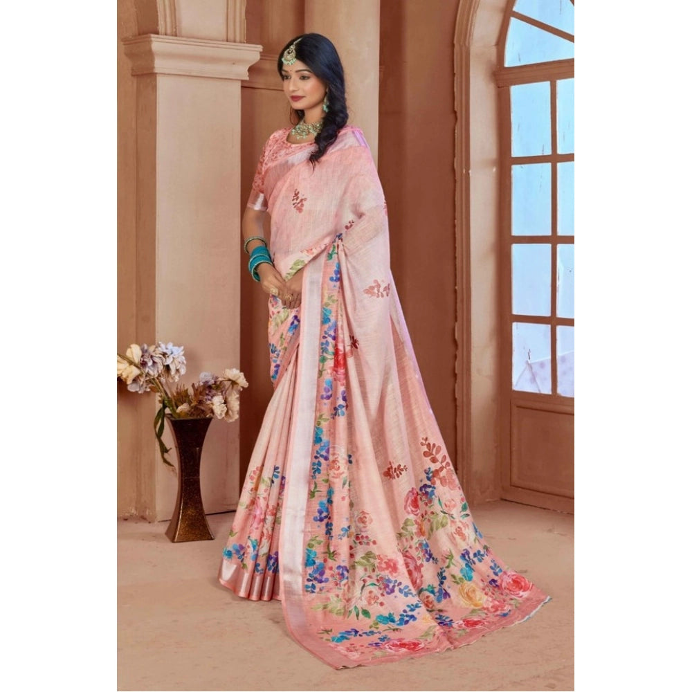 Women's Printed Cotton Linen Saree withPrinted Saree With Unstitched Blouse (Pink , 5-6Mtrs)