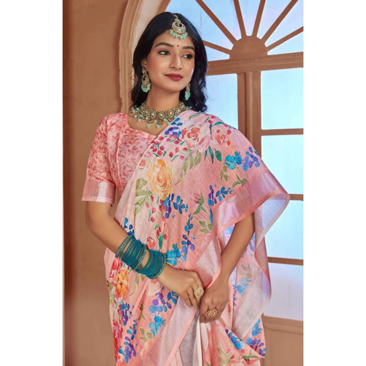 Women's Printed Cotton Linen Saree withPrinted Saree With Unstitched Blouse (Pink , 5-6Mtrs)