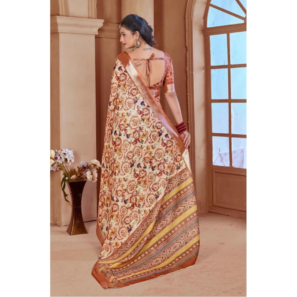 Women's Printed Cotton Linen Saree withPrinted Saree With Unstitched Blouse (Orange , 5-6Mtrs)