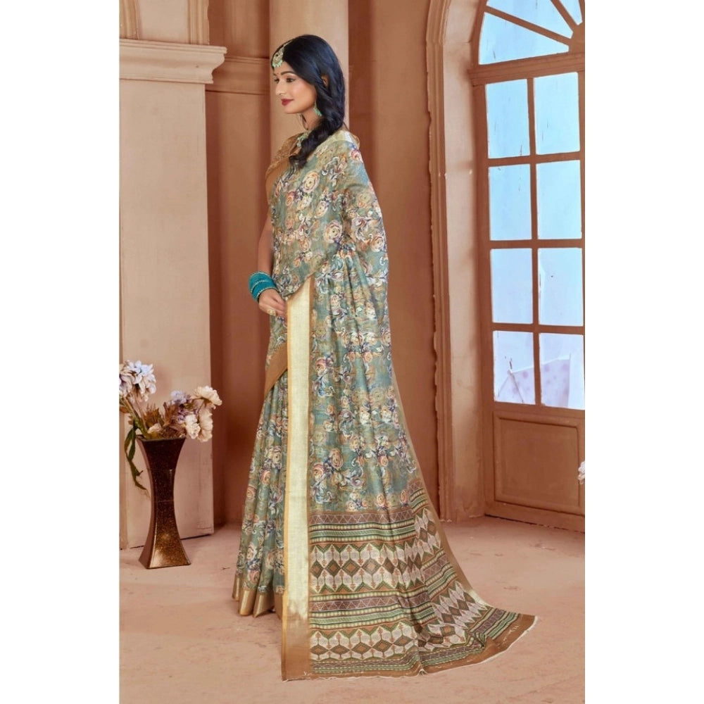 Women's Printed Cotton Linen Saree withPrinted Saree With Unstitched Blouse (Green, 5-6Mtrs)