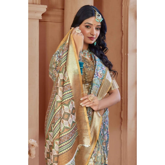 Women's Printed Cotton Linen Saree withPrinted Saree With Unstitched Blouse (Green, 5-6Mtrs)