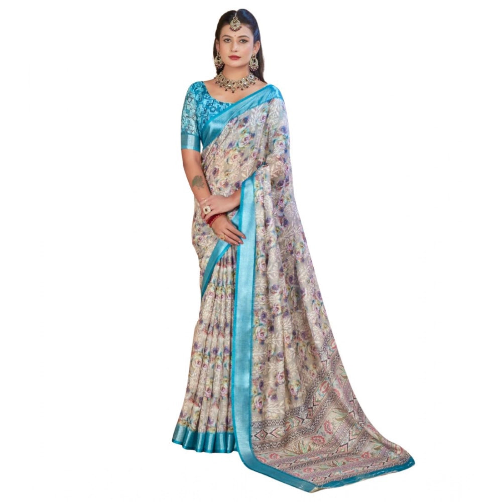 Women's Printed Cotton Linen Saree withPrinted Saree With Unstitched Blouse (Rust , 5-6Mtrs)