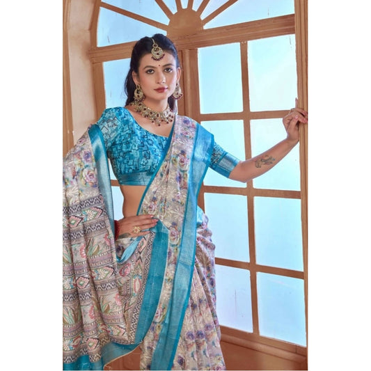 Women's Printed Cotton Linen Saree withPrinted Saree With Unstitched Blouse (Rust , 5-6Mtrs)