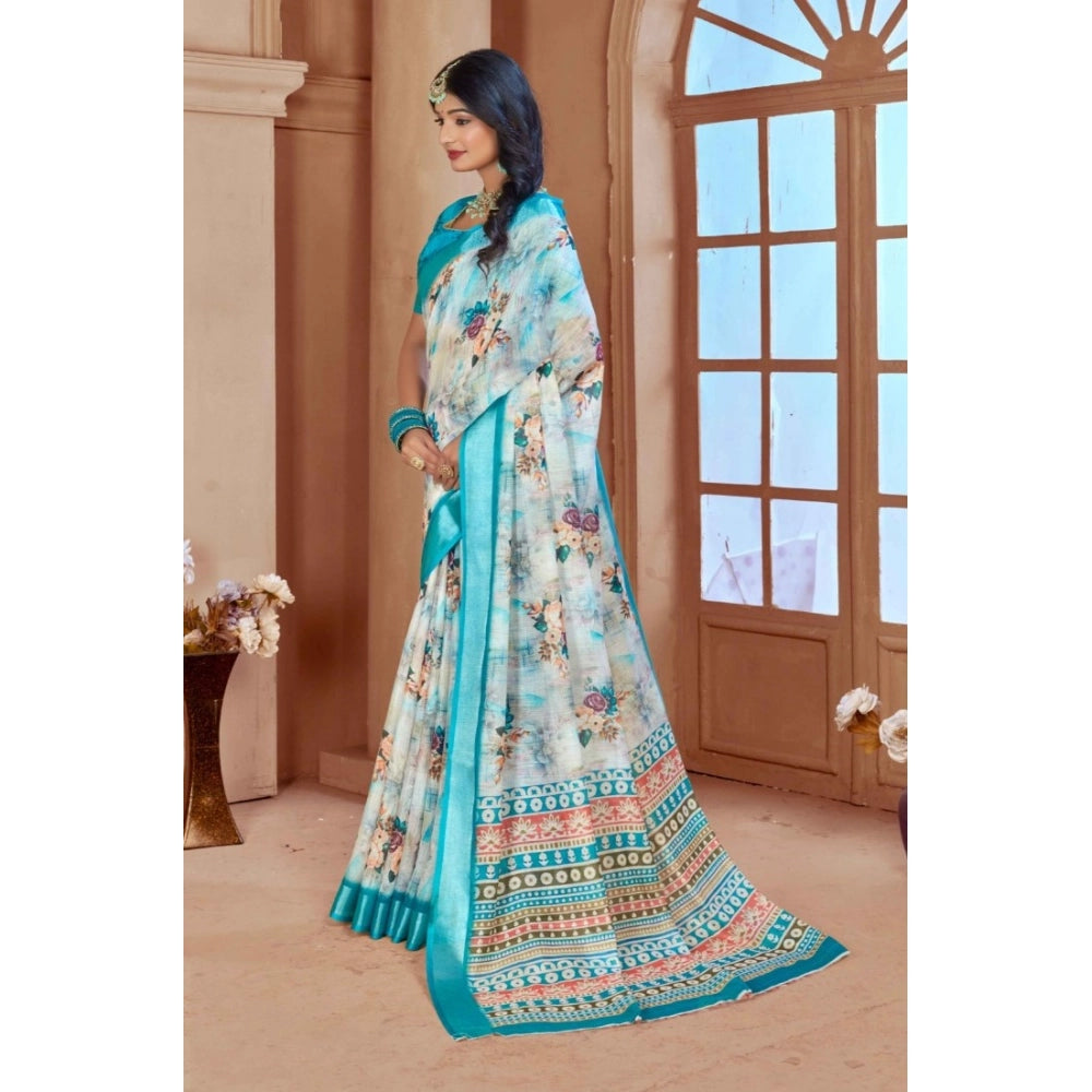 Women's Printed Cotton Linen Saree withPrinted Saree With Unstitched Blouse (Blue, 5-6Mtrs)