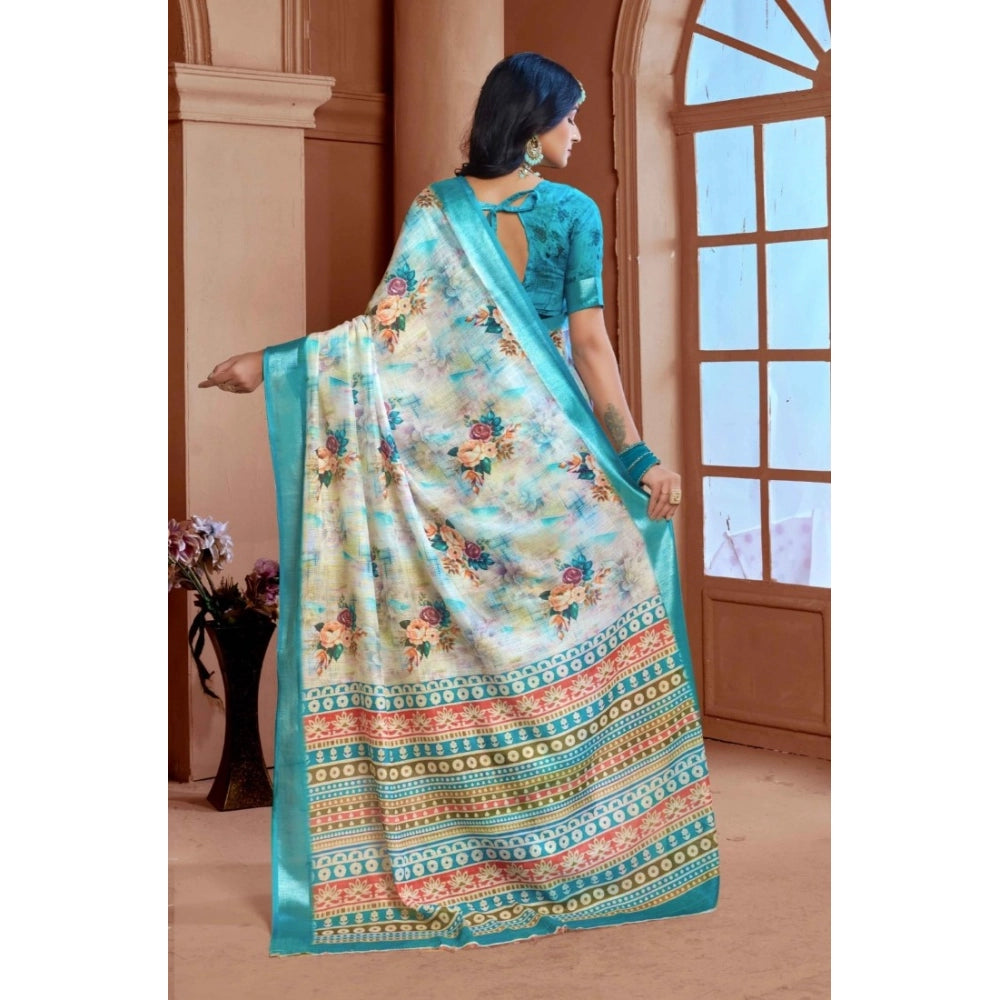 Women's Printed Cotton Linen Saree withPrinted Saree With Unstitched Blouse (Blue, 5-6Mtrs)