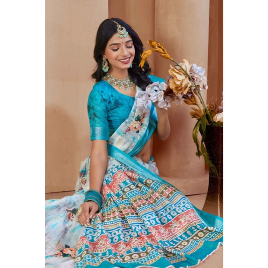 Women's Printed Cotton Linen Saree withPrinted Saree With Unstitched Blouse (Blue, 5-6Mtrs)