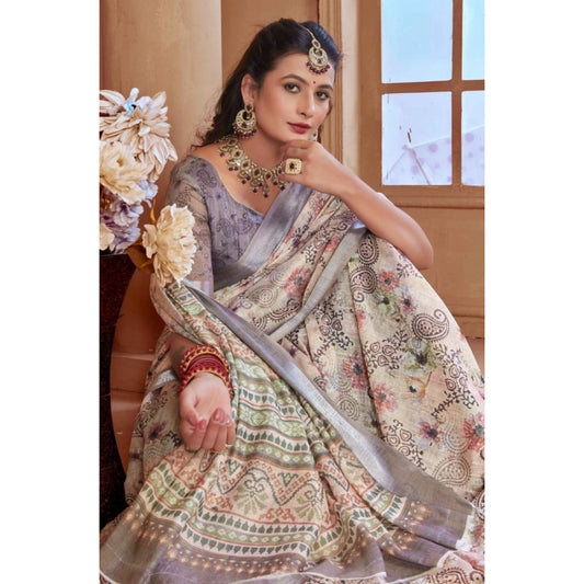 Women's Printed Cotton Linen Saree withPrinted Saree With Unstitched Blouse (Beige, 5-6Mtrs)
