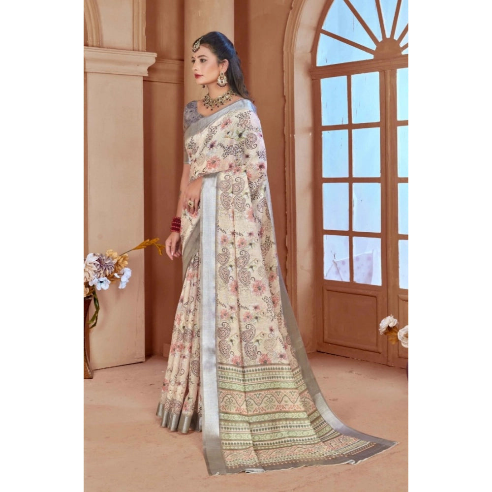 Women's Printed Cotton Linen Saree withPrinted Saree With Unstitched Blouse (Beige, 5-6Mtrs)