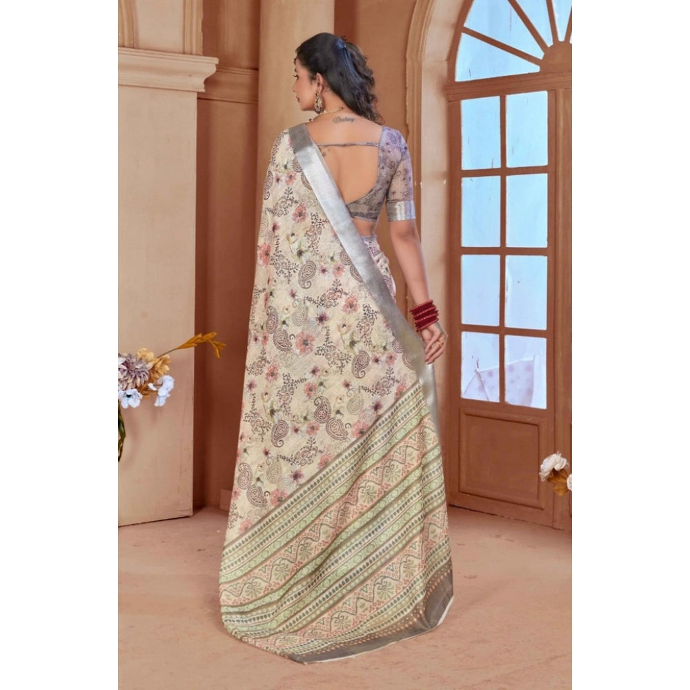 Women's Printed Cotton Linen Saree withPrinted Saree With Unstitched Blouse (Beige, 5-6Mtrs)