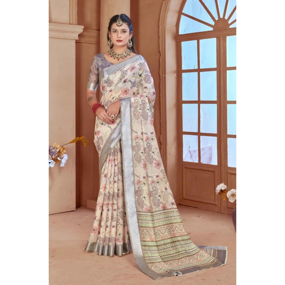 Women's Printed Cotton Linen Saree withPrinted Saree With Unstitched Blouse (Beige, 5-6Mtrs)