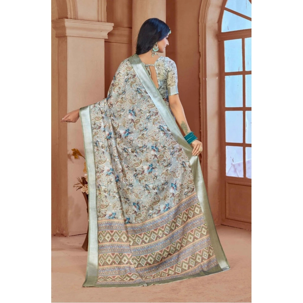 Women's Printed Cotton Linen Saree withPrinted Saree With Unstitched Blouse (Mint Green, 5-6Mtrs)