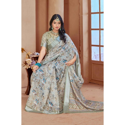 Women's Printed Cotton Linen Saree withPrinted Saree With Unstitched Blouse (Mint Green, 5-6Mtrs)