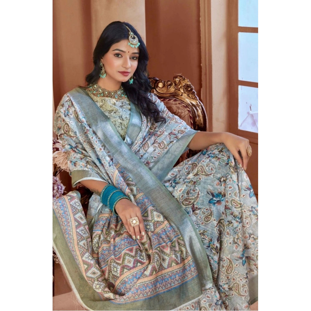 Women's Printed Cotton Linen Saree withPrinted Saree With Unstitched Blouse (Mint Green, 5-6Mtrs)