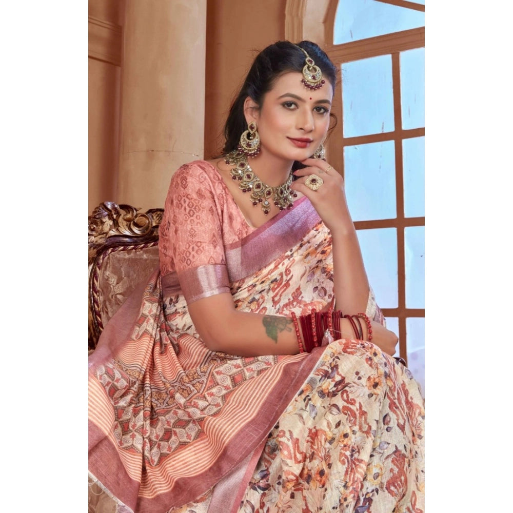 Women's Printed Cotton Linen Saree withPrinted Saree With Unstitched Blouse (Beige, 5-6Mtrs)