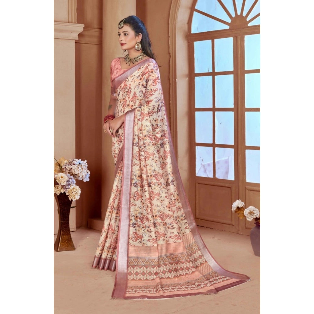 Women's Printed Cotton Linen Saree withPrinted Saree With Unstitched Blouse (Beige, 5-6Mtrs)