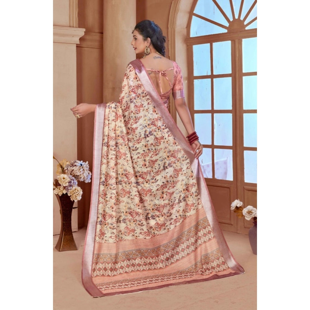 Women's Printed Cotton Linen Saree withPrinted Saree With Unstitched Blouse (Beige, 5-6Mtrs)