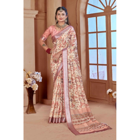 Women's Printed Cotton Linen Saree withPrinted Saree With Unstitched Blouse (Beige, 5-6Mtrs)