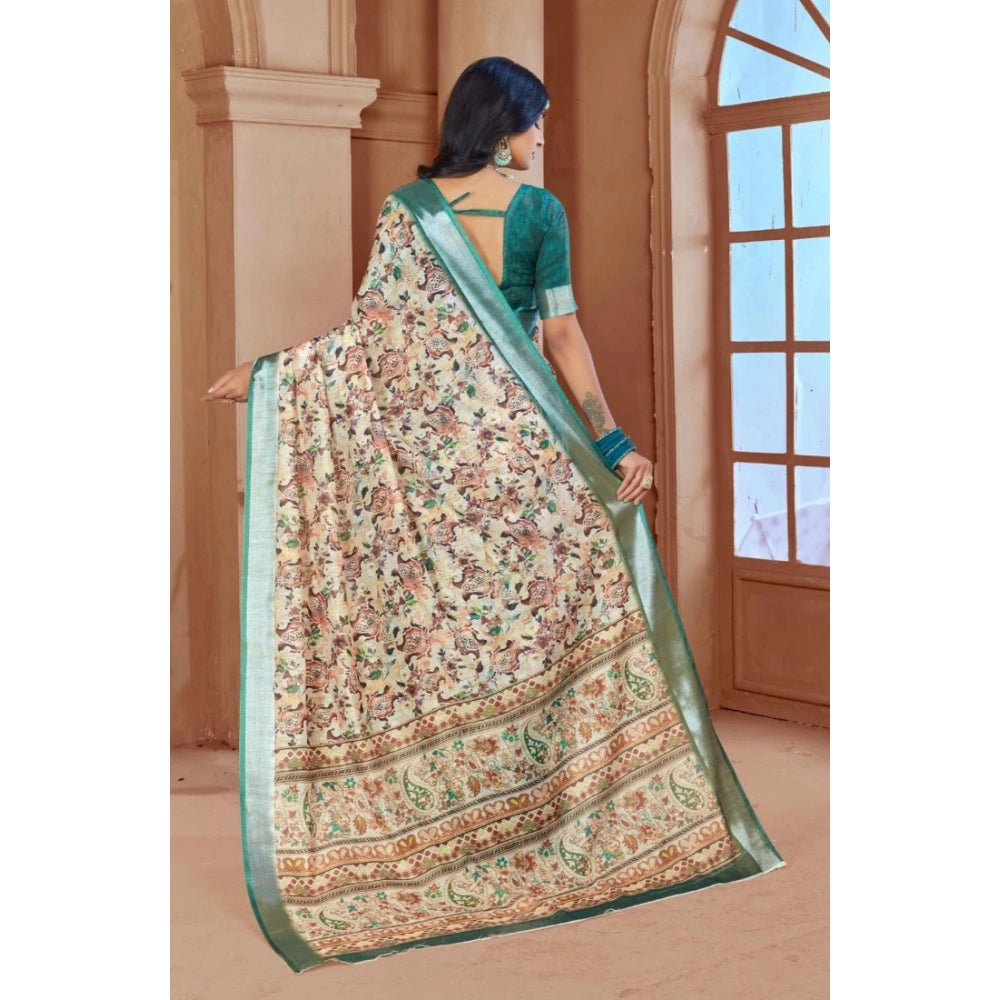 Women's Printed Cotton Linen Saree withPrinted Saree With Unstitched Blouse (Green, 5-6Mtrs)
