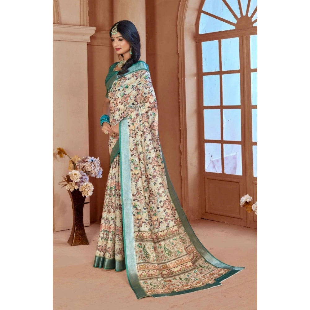 Women's Printed Cotton Linen Saree withPrinted Saree With Unstitched Blouse (Green, 5-6Mtrs)