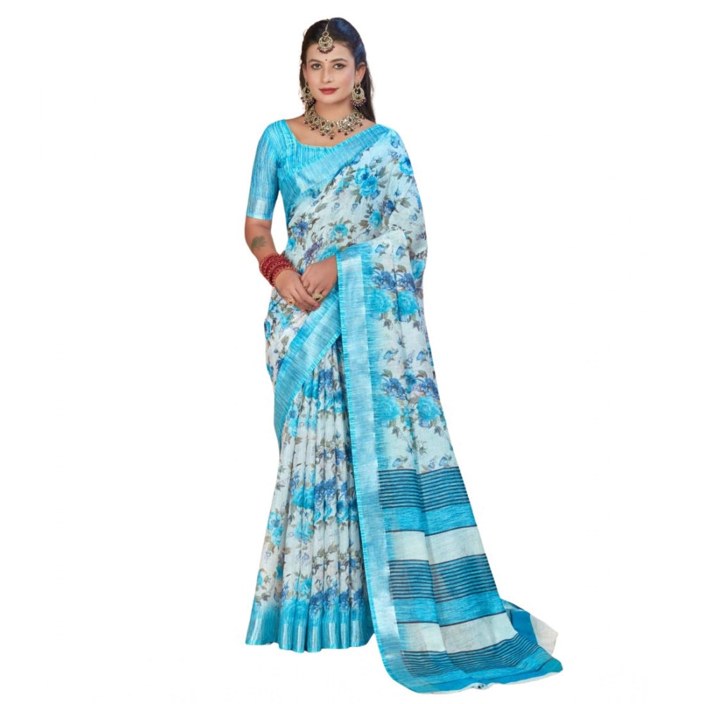 Women's Printed Cotton Linen Saree withPrinted Saree With Unstitched Blouse (Blue, 5-6Mtrs)