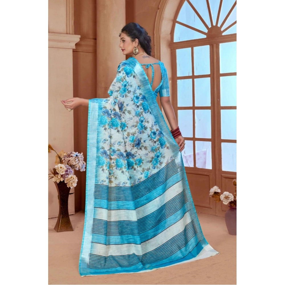 Women's Printed Cotton Linen Saree withPrinted Saree With Unstitched Blouse (Blue, 5-6Mtrs)